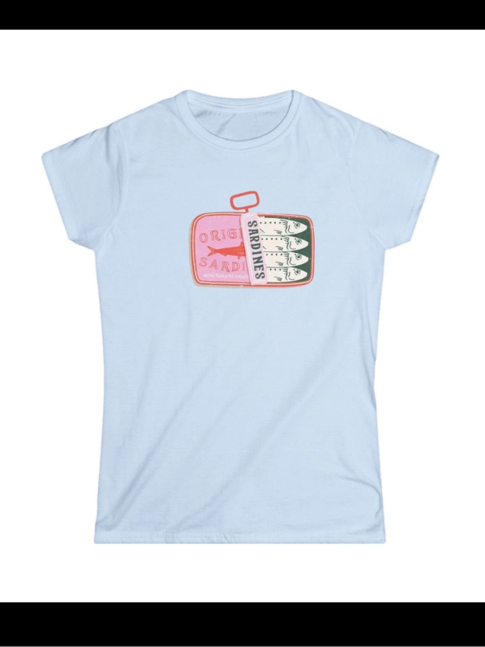 Gildan Light Blue Tshirt with Pink & Green Sardines Can Graphic